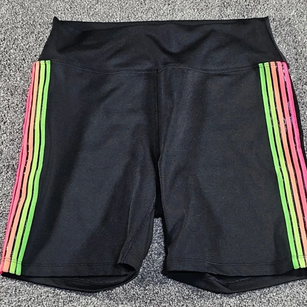 PINK Victoria sSecret Biker Shorts Womens Medium Black Neon Rainbow Striped Gym